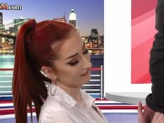 Preview 1 of CFNM redhead British babe sucks cock in live TV show