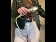 Preview 4 of Teen Amateur Showers in Leather Jacket and White Pants in Wetlook Fetish