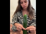 Fucking my tight pussy with giant cucumber