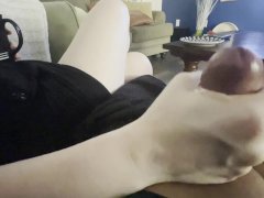 Enjoying a morning cup of coffee and decided to stroke his cock while he watched ESPN