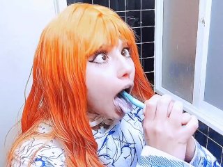 amateur, solo female, toothbrush, open mouth