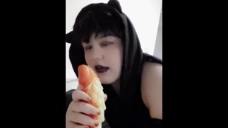 Femboy sissy twink sucks on huge dragon dildo