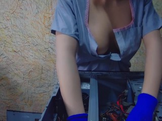 Super Hot Computer Repair Technician Sexy Tits down Blouse