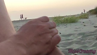 Extreme sex in front of strangers French teacher amateur handjob on public beach with cumshot