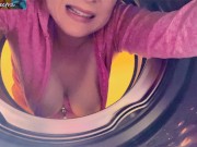 Preview 1 of Stepmom stuck in the washing machine takes it in both holes to keep it a secret