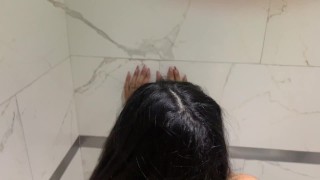 POV with my Asian girlfriend sex in the public bathroom, fucked hard