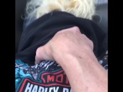 Big cock biker bends blonde slut over in public parking lot