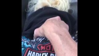 Big cock biker bends blonde slut over in public parking lot