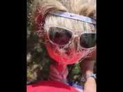 Preview 1 of Big tits blonde Hotwife gives public blowjob outdoors and takes huge facial cumshot