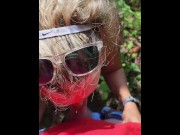 Preview 2 of Big tits blonde Hotwife gives public blowjob outdoors and takes huge facial cumshot
