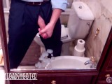 Stressed executive with big thick cock shoots massive load in the office bathroom mirror!