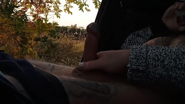 Моя жена дрочит мой член в машине на природе крупным планом