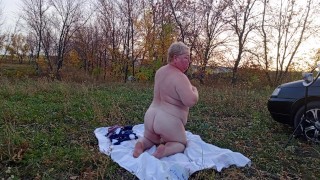 wife masturbates with toys in nature and squirts