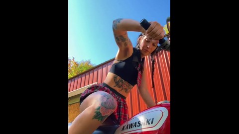 Torqueduptina kickstarts 2stroke dirt bike with up skirt tease