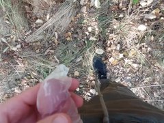 Young horny twink found a used condom in the woods