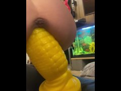 Super hot MILF playing with her corn dildo stretching pussy out