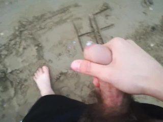 tight foreskin, masturbate, beach, handjob