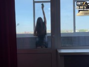 Preview 2 of Public blowjob on the balcony and sex on the table with a beautiful cleaning lady👧👌👈