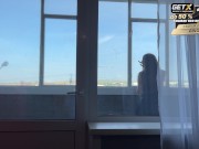 Preview 4 of Public blowjob on the balcony and sex on the table with a beautiful cleaning lady👧👌👈