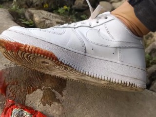 Boy Crushes a Ketchup Packet with his new White Sneakers Nike Air Force one AF1 Sockless Foot Fetish