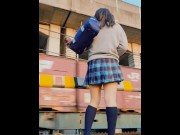 Preview 6 of ミニスカ女子高生コス　踏切で電車待っていたらスカートめくれた！！