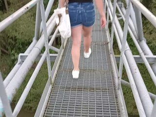 bridge, stranger, risky public, big boobs