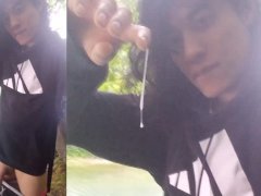 Cumplay play with long thick string of cum stuck on hand after orgasm with sex twink moaning outdoor