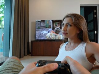 brunette, blowjob, playstation, cowgirl