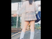 Preview 1 of 着ぐるみを着て踏切で電車を待つ！スカートが浮いて後ろから丸見えになってしまいました！