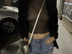 Sexy wife wearing sheer top in a bar and flashing nipples and tits on the street in public