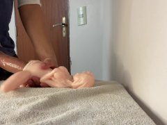 Twosome sex with a petite sex doll resisting a big thick cock
