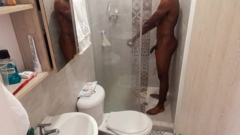 Fit stud bathing after masturbating / Play in the shower Huge dick having fun/huge soft black cock