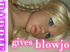 Barbie sex doll gives a hot blowjob to a guy