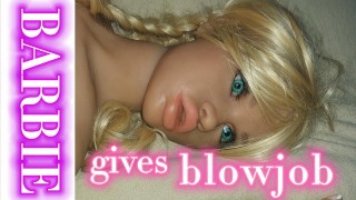 Barbie sex doll gives a hot blowjob to a guy