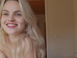 Joven Rubia Finnishgirl Mostrando Facial que Papá Acaba De Darle