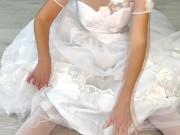 Preview 1 of Backstage of a whore bride posing in a photo studio after her wedding with a vibrator