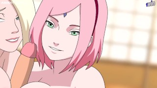 Naruto anime hentai kreslená kompilace Sakura Ino Sarada Boruto titjob jízda sex kunoichi trenér