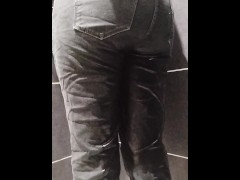 Wetting myself in black pants