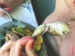 Eating two quails. Not chicken. Quails! Marinated in pussy nectar