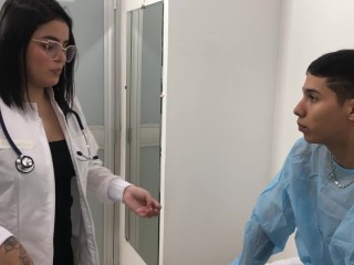 Doctor with Huge Ass Helps her Patient with his Erection Problem - in Spanish