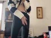 Preview 1 of Skinny girl in leggings flashes you with her monster curved cock