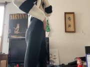Preview 2 of Skinny girl in leggings flashes you with her monster curved cock