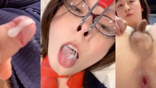 Japanese t-girl gets so excited when she puts on a nose hook that a lot of semen comes out