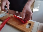 Preview 2 of Guy with locked cock is in the kitchen