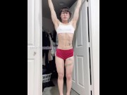 Preview 1 of Asian muscle girl with six pack abs has her clothes disappear in the middle of each exercise