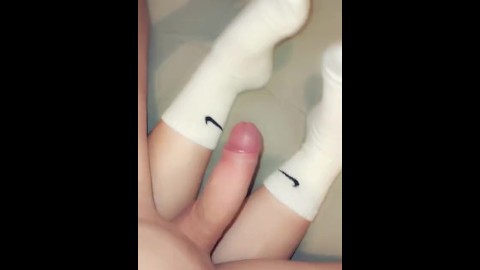 Footjob in long Nike socks cum on socks POV