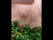 Preview 6 of Sexy Milf Pees in the Grass. Look at her Hairy Pussy Сlose up. Outdoor Pissing plus Slow Motion