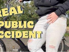 Real public desperate wetting accident in pants outside cycling