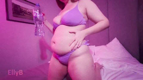 Cute girl drink a lot of water, belly stuffing, cum inflation