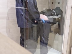 Rainwear pissing and doggy in the shower